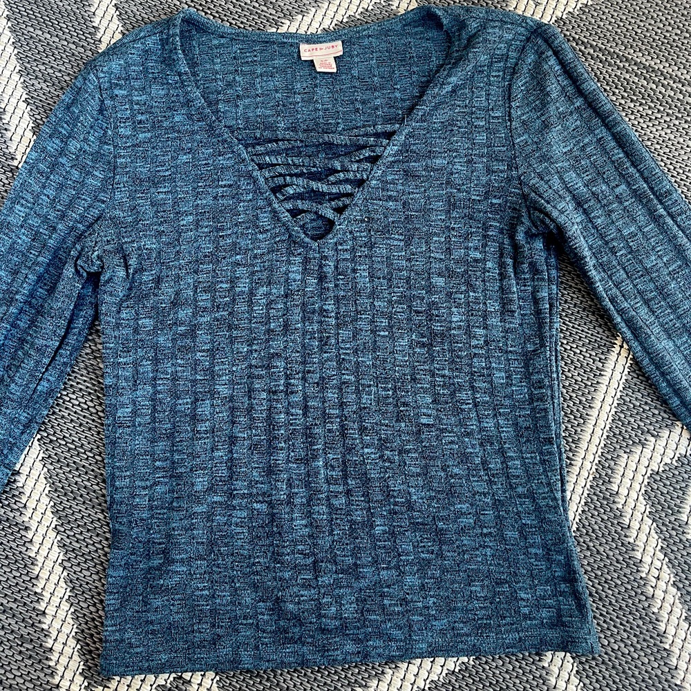 Women’s teal lace up long sleeve criss cross top